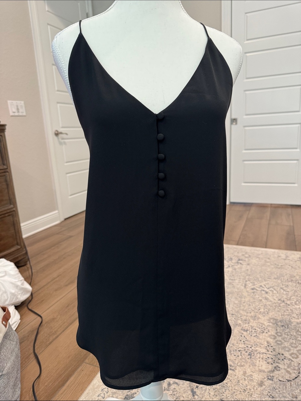 LOFT Black V-Neck Spaghetti Strap Cami with Front Button Detail